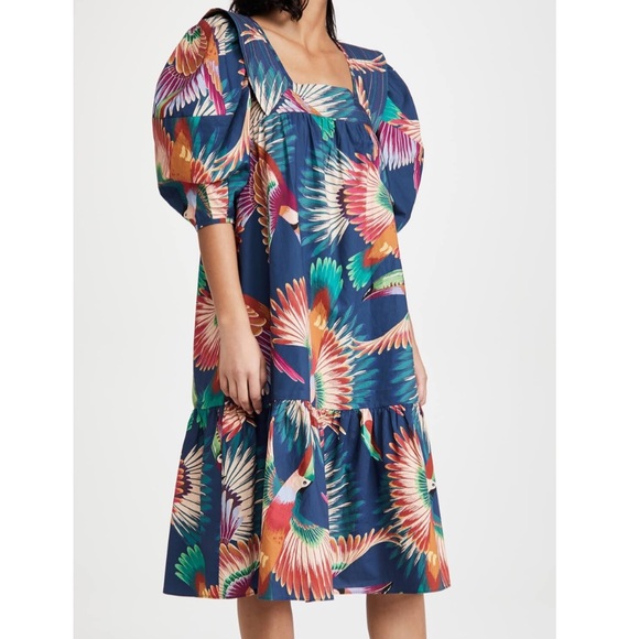 Farm Rio Navy Toucan Puff-Sleeve Midi Dress - Picture 3 of 16